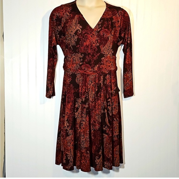 Coldwater Creek Dresses & Skirts - 🍁 Coldwater Creek Fall colored Sash Tie Back Faux Wrap Dress 🍂